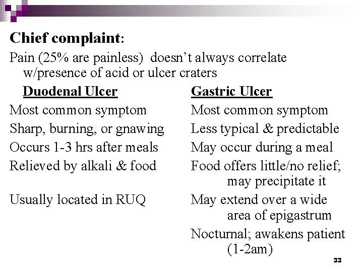 Chief complaint: Pain (25% are painless) doesn’t always correlate w/presence of acid or ulcer