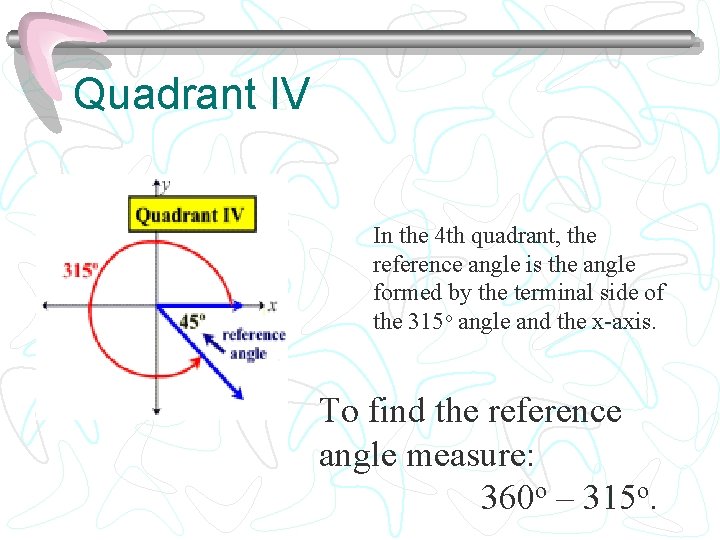 Quadrant IV In the 4 th quadrant, the reference angle is the angle formed