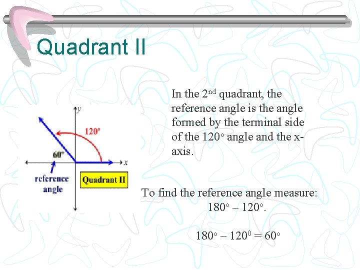 Quadrant II In the 2 nd quadrant, the reference angle is the angle formed