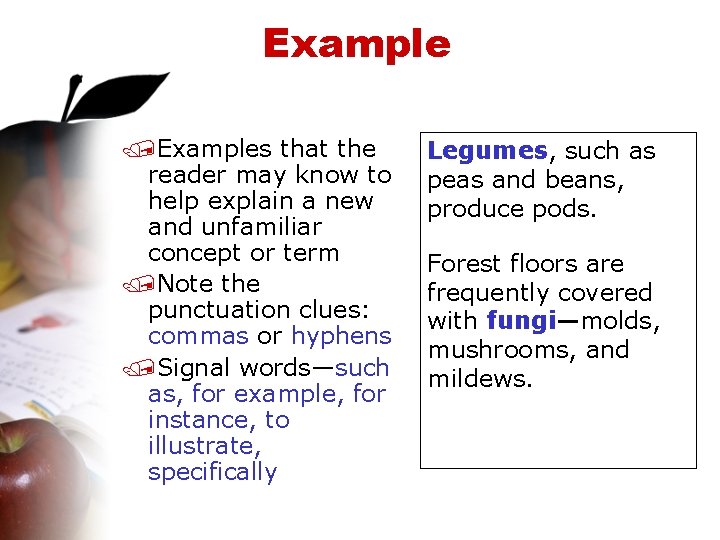 Example /Examples that the reader may know to help explain a new and unfamiliar