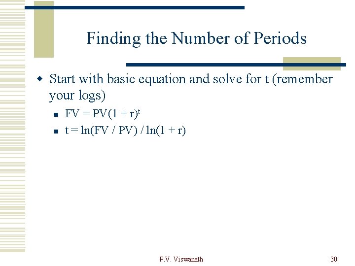 Finding the Number of Periods w Start with basic equation and solve for t
