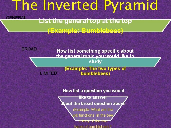 The Inverted Pyramid GENERAL List the general top at the top (Example: Bumblebees) BROAD