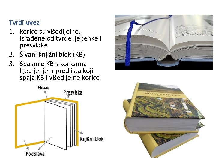 Tvrdi uvez 1. korice su višedijelne, izrađene od tvrde ljepenke i presvlake 2. Šivani