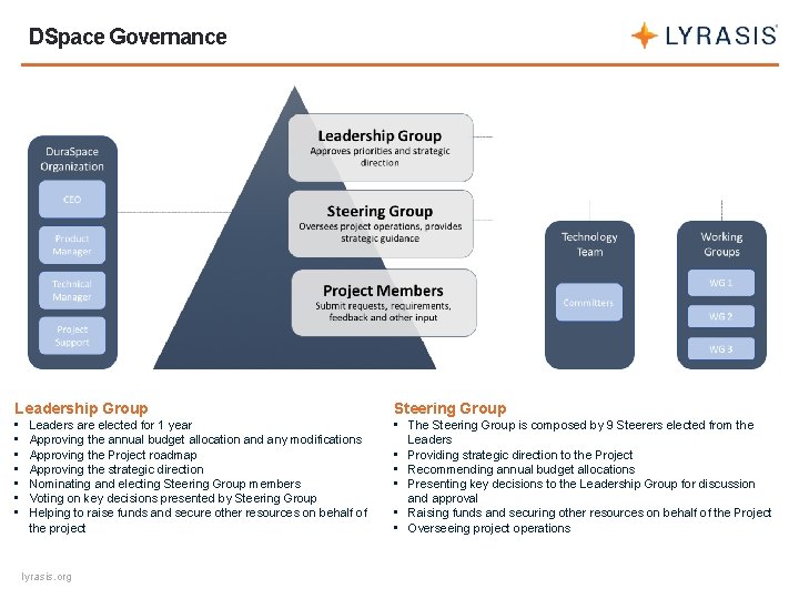 DSpace Governance Leadership Group Steering Group • • The Steering Group is composed by