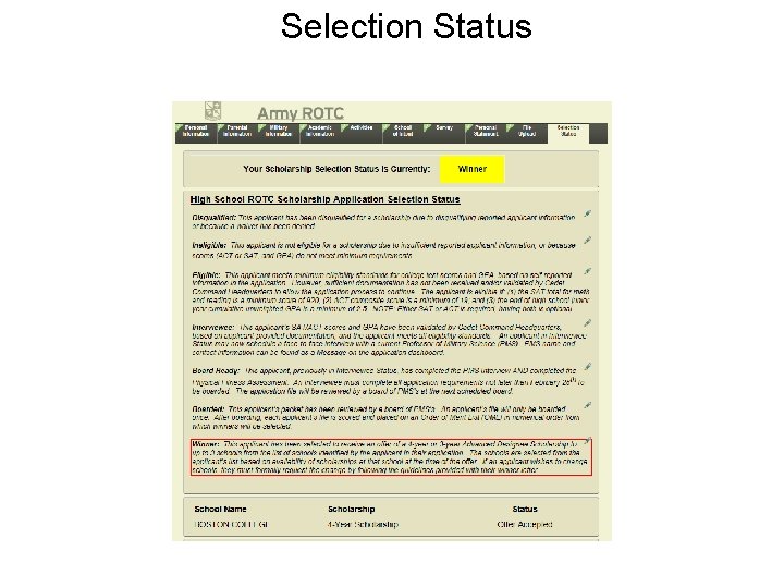 Selection Status 