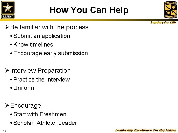 How You Can Help Ø Be familiar with the process Leaders for Life •