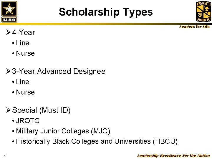 Scholarship Types Leaders for Life Ø 4 -Year • Line • Nurse Ø 3