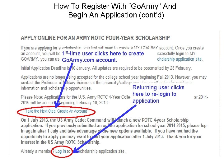 How To Register With “Go. Army” And Begin An Application (cont’d) 1 st-time user