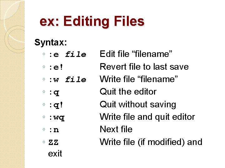 ex: Editing Files Syntax: ◦ : e file ◦ : e! ◦ : w