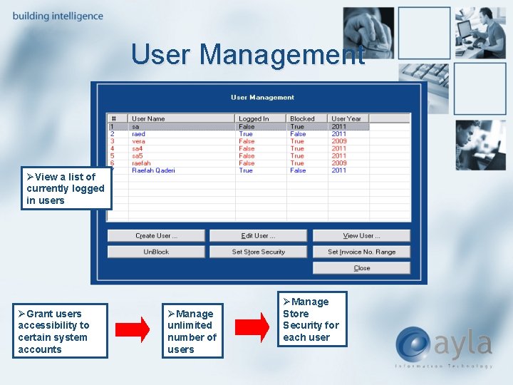 User Management ØView a list of currently logged in users ØGrant users accessibility to