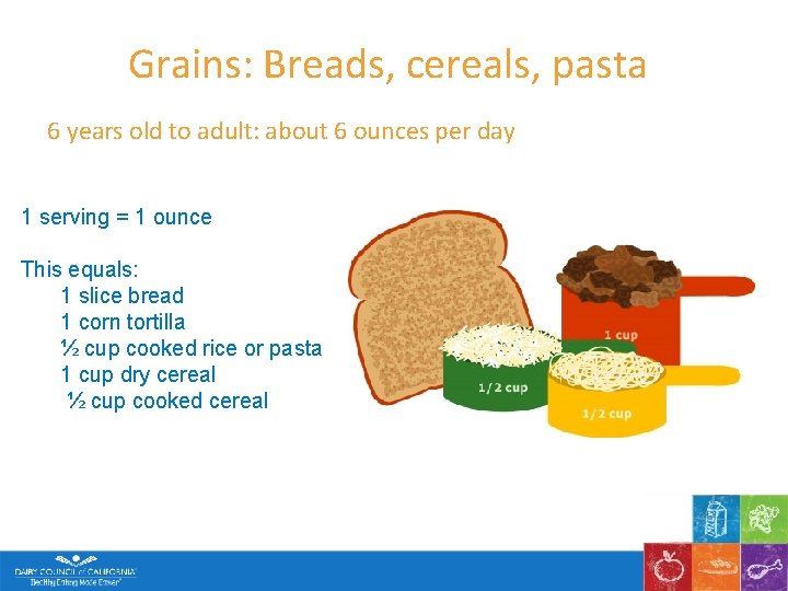 Grains: Breads, cereals, pasta 6 years old to adult: about 6 ounces per day