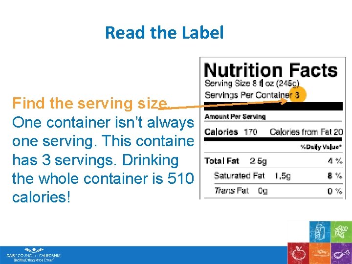 Read the Label Find the serving size. One container isn’t always one serving. This