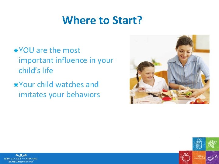 Where to Start? YOU are the most important influence in your child’s life Your