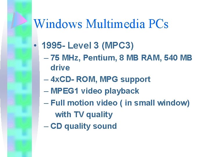Windows Multimedia PCs • 1995 - Level 3 (MPC 3) – 75 MHz, Pentium, Windows Multimedia PCs • 1995 - Level 3 (MPC 3) – 75 MHz, Pentium,