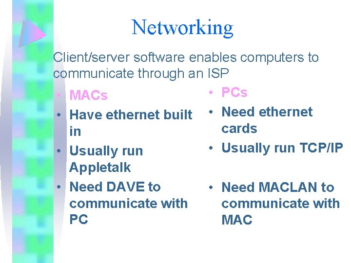 Networking Client/server software enables computers to communicate through an ISP • PCs • MACs Networking Client/server software enables computers to communicate through an ISP • PCs • MACs