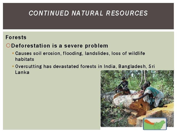 CONTINUED NATURAL RESOURCES Forests Deforestation is a severe problem § Causes soil erosion, flooding,