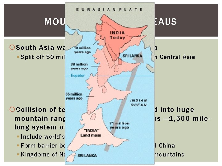 MOUNTAINS AND PLATEAUS South Asia was once part of East Africa § Split off