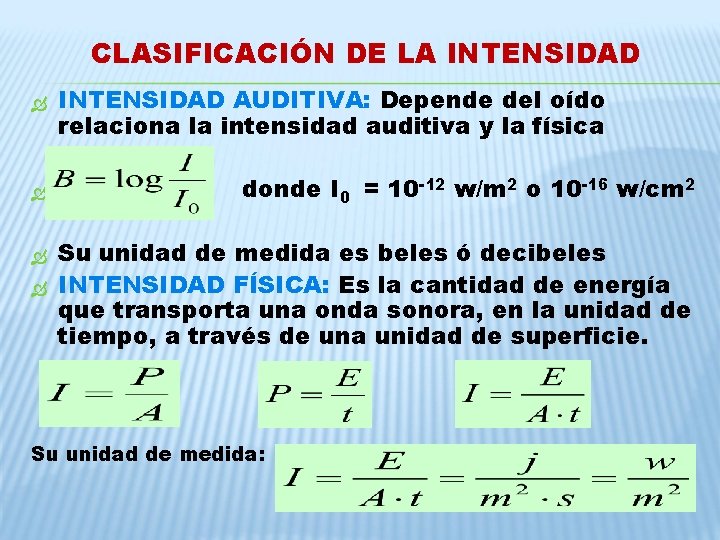 CLASIFICACIÓN DE LA INTENSIDAD AUDITIVA: Depende del oído relaciona la intensidad auditiva y la CLASIFICACIÓN DE LA INTENSIDAD AUDITIVA: Depende del oído relaciona la intensidad auditiva y la