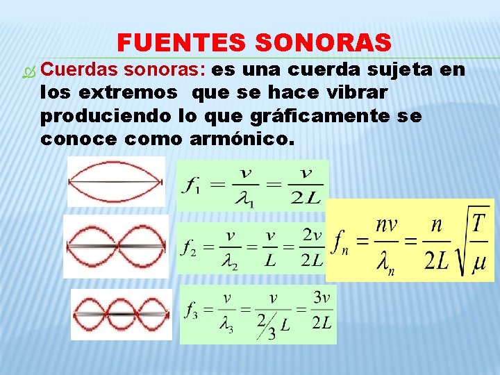 FUENTES SONORAS Cuerdas sonoras: es una cuerda sujeta en los extremos que se hace FUENTES SONORAS Cuerdas sonoras: es una cuerda sujeta en los extremos que se hace