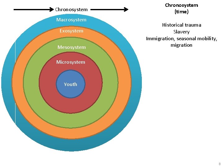 Chronosystem Macrosystem Exosystem Mesosystem Chronosystem (time) Historical trauma Slavery Immigration, seasonal mobility, migration Microsystem