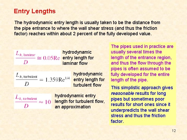 Entry Lengths The hydrodynamic entry length is usually taken to be the distance from