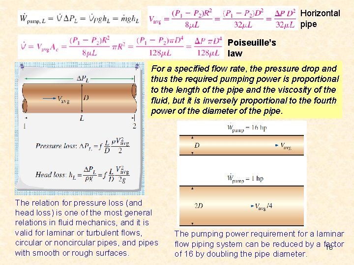 Horizontal pipe Poiseuille’s law For a specified flow rate, the pressure drop and thus