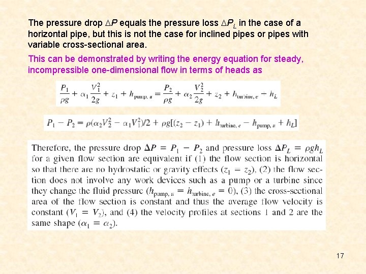 The pressure drop P equals the pressure loss PL in the case of a