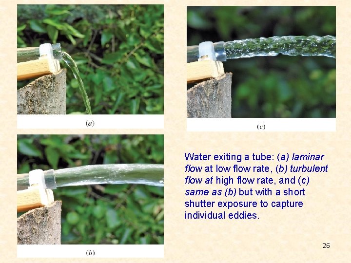 Water exiting a tube: (a) laminar flow at low flow rate, (b) turbulent flow