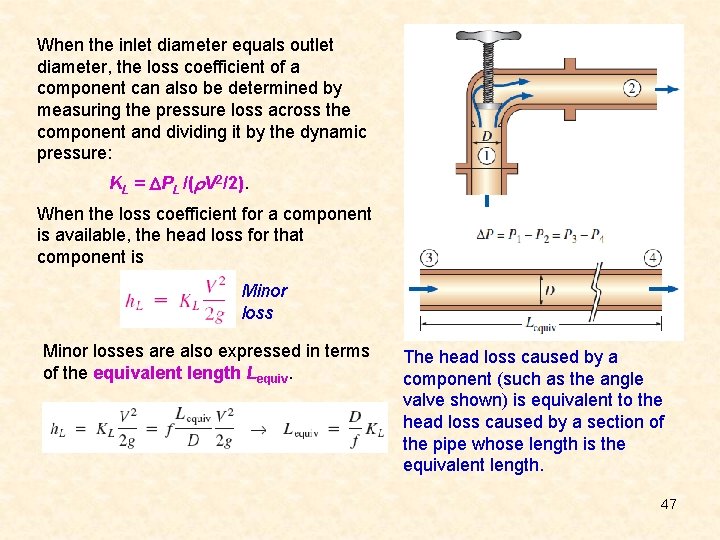 When the inlet diameter equals outlet diameter, the loss coefficient of a component can