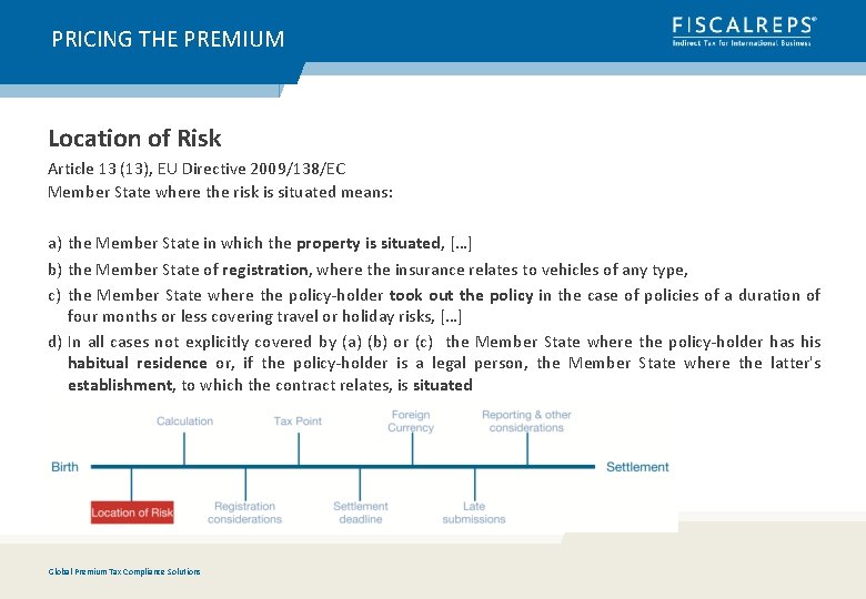 PRICING THE PREMIUM Location of Risk Article 13 (13), EU Directive 2009/138/EC Member State