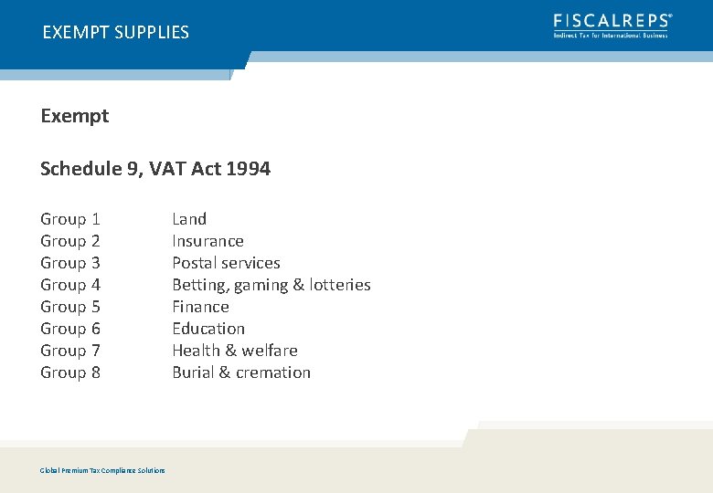 EXEMPT SUPPLIES Exempt Schedule 9, VAT Act 1994 Group 1 Group 2 Group 3