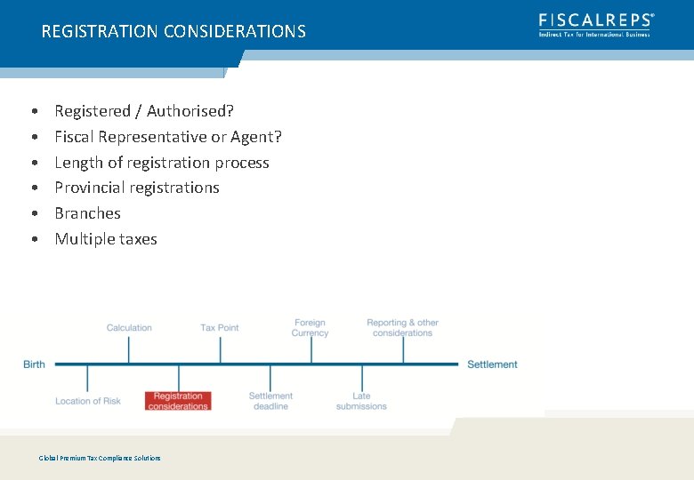REGISTRATION CONSIDERATIONS • • • Registered / Authorised? Fiscal Representative or Agent? Length of