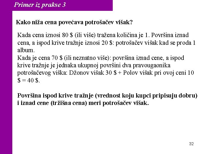 Primer iz prakse 3 Kako niža cena povećava potrošačev višak? Kada cena iznosi 80