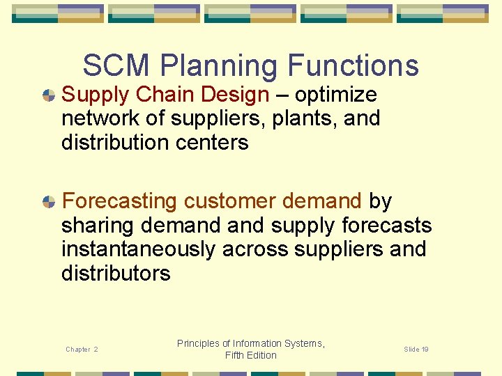 SCM Planning Functions Supply Chain Design – optimize network of suppliers, plants, and distribution