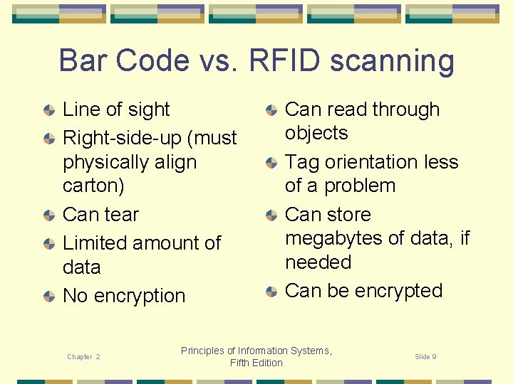 Bar Code vs. RFID scanning Line of sight Right-side-up (must physically align carton) Can