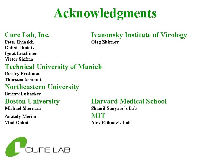 Acknowledgments Cure Lab, Inc. Ivanonsky Institute of Virology Peter Ilyinskii Galini Thoidis Ignat Leschiner
