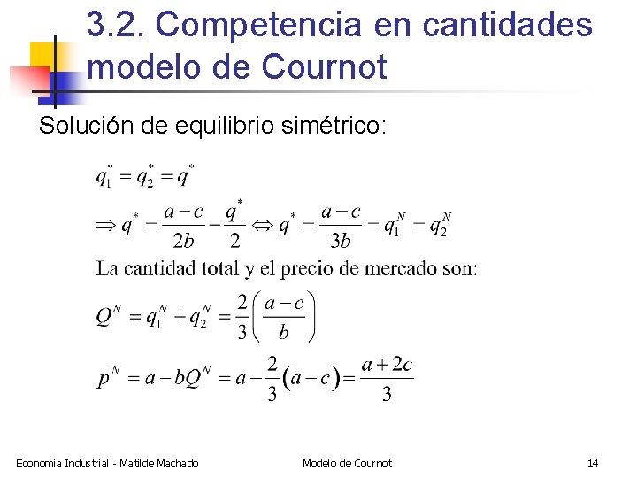 3. 2. Competencia en cantidades modelo de Cournot Solución de equilibrio simétrico: Economía Industrial