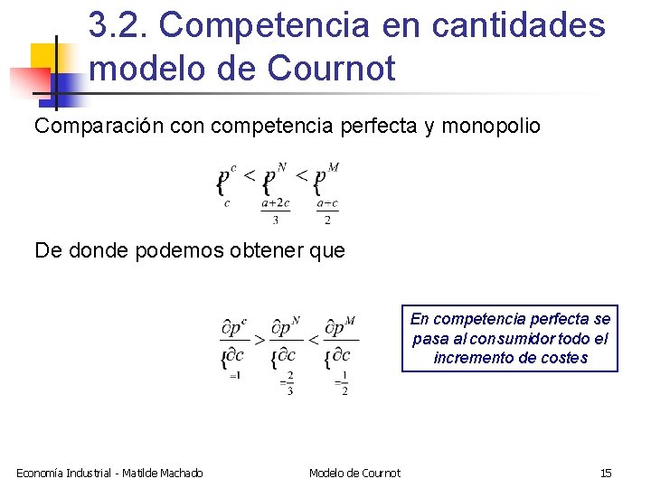 3. 2. Competencia en cantidades modelo de Cournot Comparación competencia perfecta y monopolio De