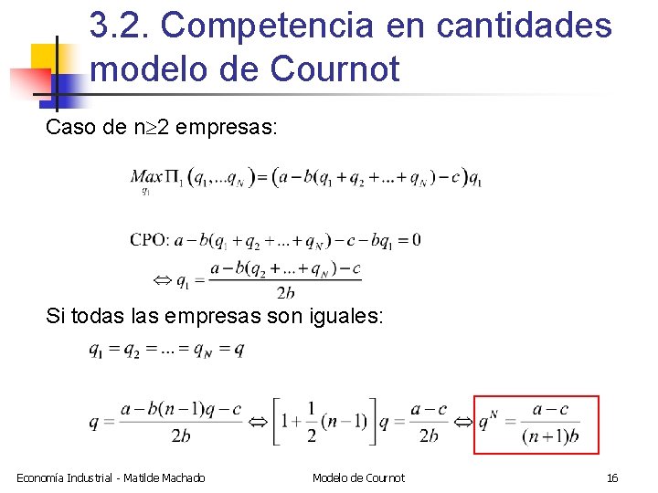 3. 2. Competencia en cantidades modelo de Cournot Caso de n 2 empresas: Si