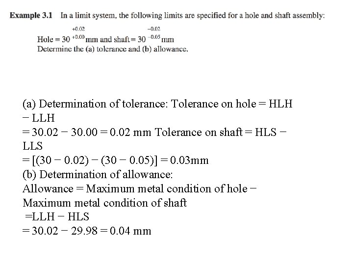 (a) Determination of tolerance: Tolerance on hole = HLH − LLH = 30. 02