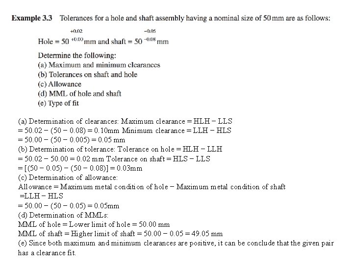 (a) Determination of clearances: Maximum clearance = HLH − LLS = 50. 02 −