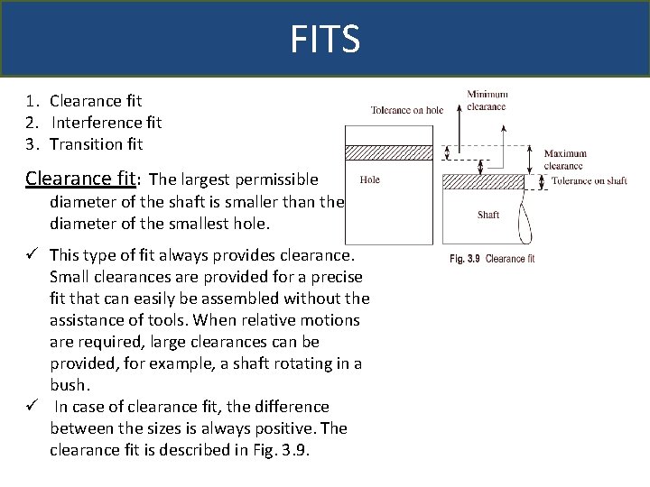 FITS 1. Clearance fit 2. Interference fit 3. Transition fit Clearance fit: The largest