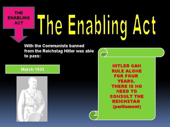 THE ENABLING ACT With the Communists banned from the Reichstag Hitler was able to