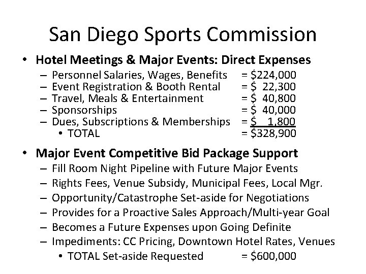 San Diego Sports Commission • Hotel Meetings & Major Events: Direct Expenses – –