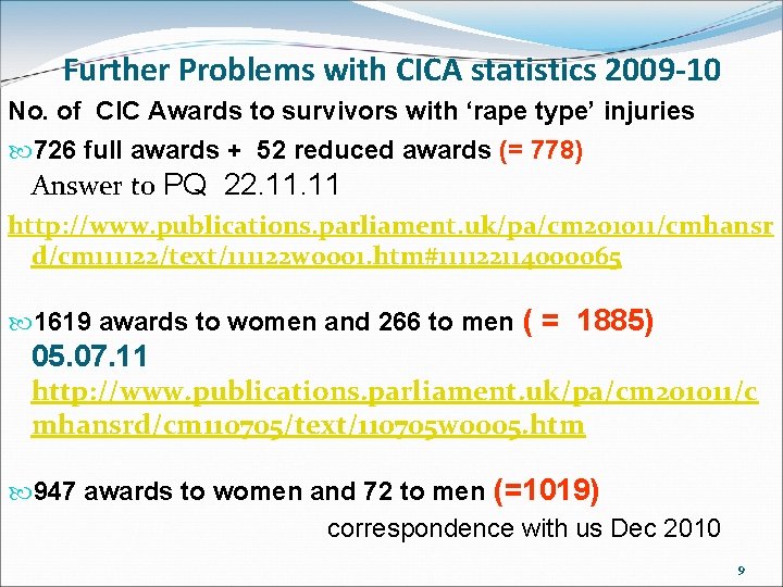 Further Problems with CICA statistics 2009 -10 No. of CIC Awards to survivors with Further Problems with CICA statistics 2009 -10 No. of CIC Awards to survivors with