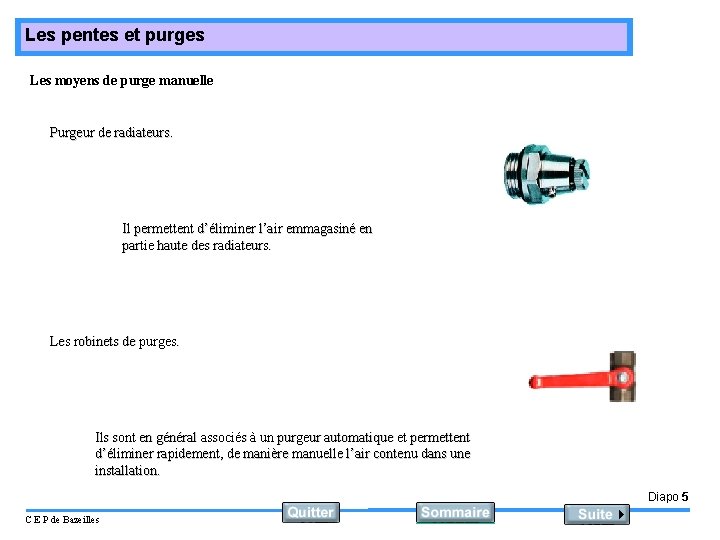 Les pentes et purges Les moyens de purge manuelle Purgeur de radiateurs. Il permettent