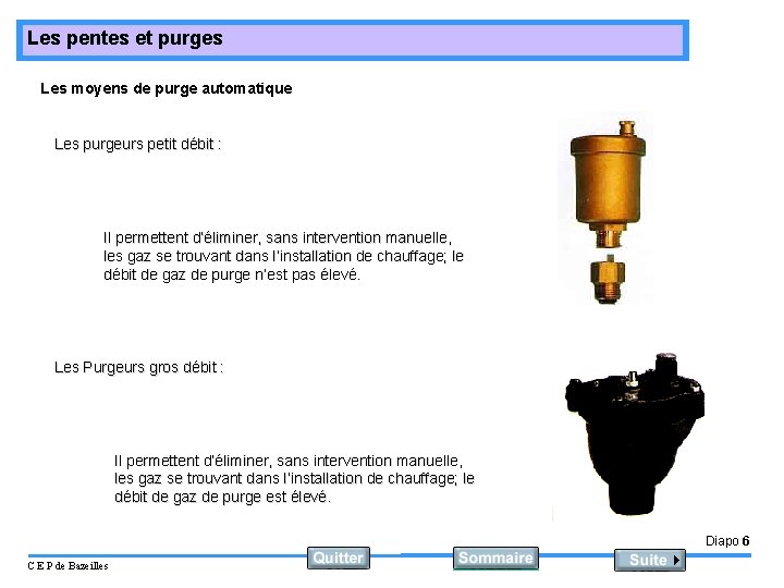 Les pentes et purges Les moyens de purge automatique Les purgeurs petit débit :