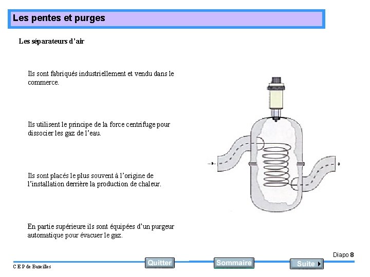 Les pentes et purges Les séparateurs d’air Ils sont fabriqués industriellement et vendu dans