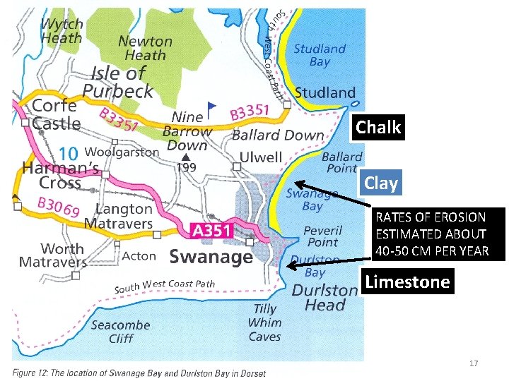 Chalk Clay RATES OF EROSION ESTIMATED ABOUT 40 -50 CM PER YEAR Limestone 17