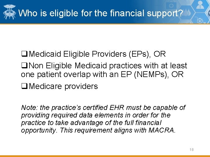 Who is eligible for the financial support? q. Medicaid Eligible Providers (EPs), OR q.
